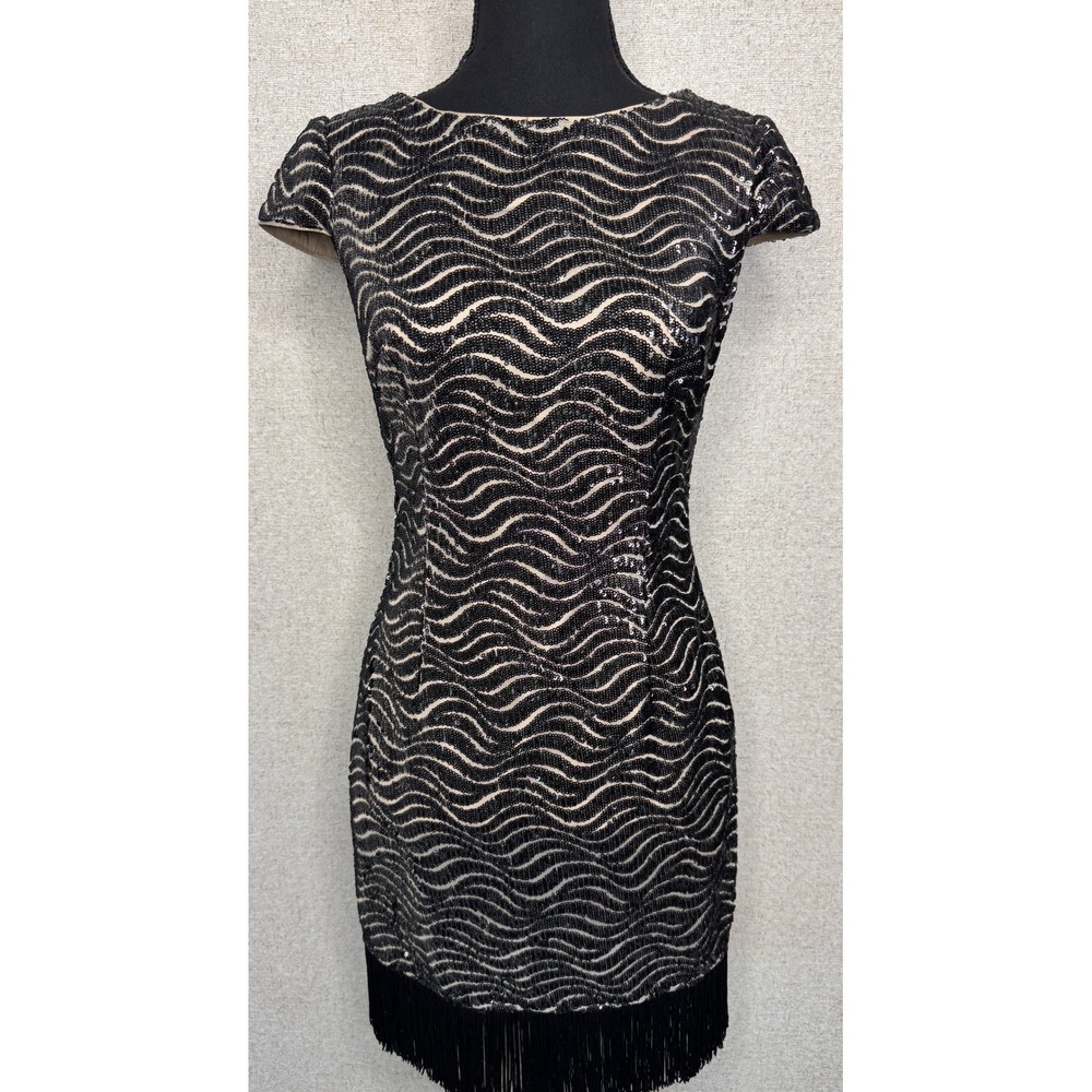 Aidan by Aidan Mattox Black Sequin Fringe Dress Size 2 Art Deco Flapper Cocktail